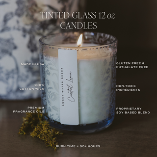 Coastal Lemon 12 oz Soy Candle, Blue Tinted Floral Jar