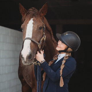 "Gallop" Horse & Bit Equestrian Accents in Rich Brown & Blue Hair Tie Bracelets: Small - Olita Gifts & Goods