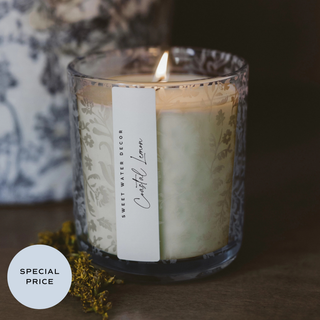 Coastal Lemon 12 oz Soy Candle, Blue Tinted Floral Jar