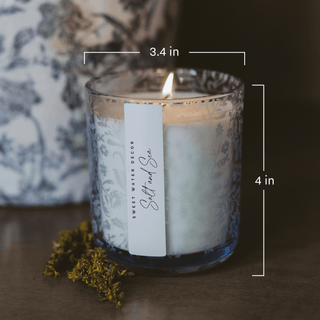 Coastal Lemon 12 oz Soy Candle, Blue Tinted Floral Jar