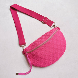 Embossed Daisy Blossom Belt Sling Bag: Taupe
