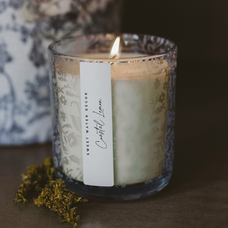 Coastal Lemon 12 oz Soy Candle, Blue Tinted Floral Jar