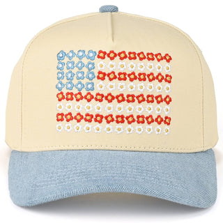 C.C Daisy Flower Pattern USA Flag Trucker Cap: Light Denim - Olita Gifts & Goods