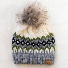 Load image into Gallery viewer, Cream, Green, Black &amp; Gray Patterned Pom Hat
