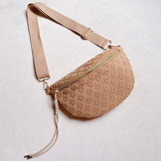Embossed Daisy Blossom Belt Sling Bag: Taupe