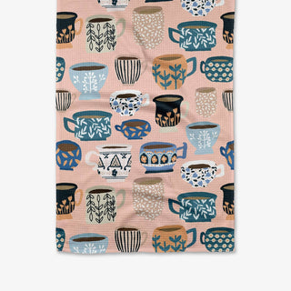 Pattern of stylized ceramic mugs on a pink background Geometry tea towel