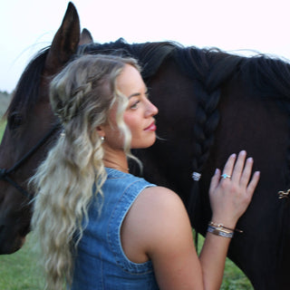 "Gallop" Horse & Bit Equestrian Accents in Rich Brown & Blue Hair Tie Bracelets: Small - Olita Gifts & Goods