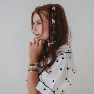 "Flirt" Polka Dot in Cream & Black with Green Accent Hair Tie Bracelets: Medium - Olita Gifts & Goods