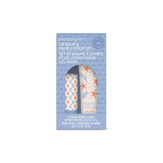 Lip balm and hand lotion set packaging with starfish design on a white background