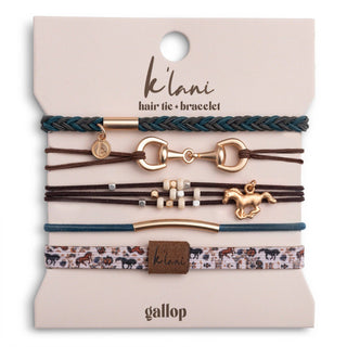 "Gallop" Horse & Bit Equestrian Accents in Rich Brown & Blue Hair Tie Bracelets: Small - Olita Gifts & Goods