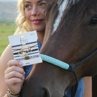 "Gallop" Horse & Bit Equestrian Accents in Rich Brown & Blue Hair Tie Bracelets: Small - Olita Gifts & Goods
