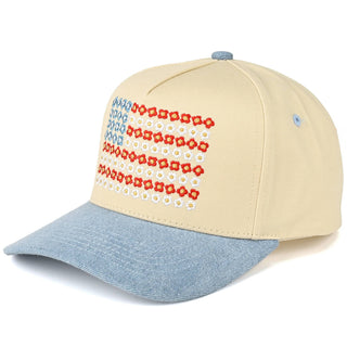 C.C Daisy Flower Pattern USA Flag Trucker Cap: Light Denim - Olita Gifts & Goods