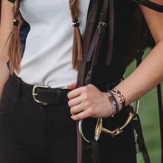 "Gallop" Horse & Bit Equestrian Accents in Rich Brown & Blue Hair Tie Bracelets: Small - Olita Gifts & Goods