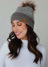 Load image into Gallery viewer, Taupe &amp; White Striped Pom Hat
