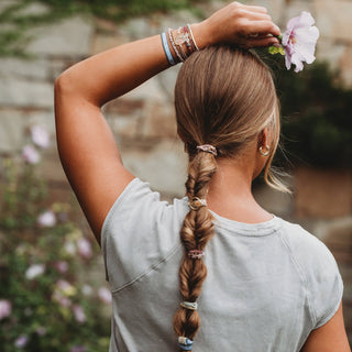 "Bloom" Maroon & Pink with Pressed Flowers Hair Tie Bracelets: Small - Olita Gifts & Goods