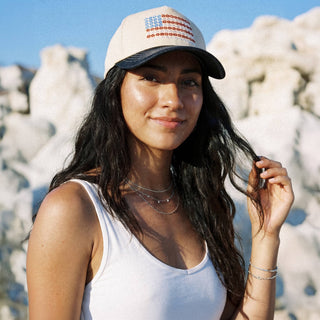 C.C Daisy Flower Pattern USA Flag Trucker Cap: Light Denim - Olita Gifts & Goods