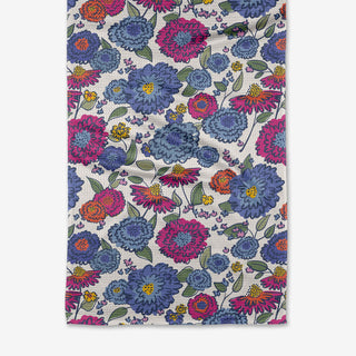 Floral patterned Geometry Tea Towel with blue, pink, and orange flowers on a white background