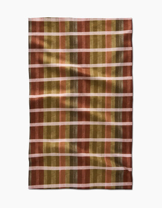 Plaid Geometry Tea Towel with autumnal colors on a white background