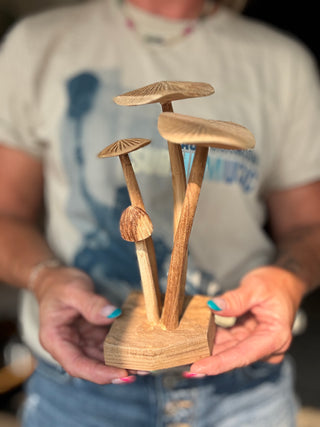 HAND-CARVED TEAK WOOD MUSHROOM CLUSTERS