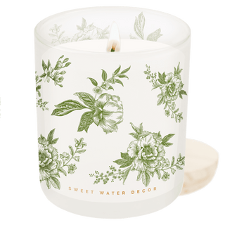 Green Floral Soy Candle - White Translucent Tinted Glass Jar - 12 oz (Lavender and Sage) - Olita Gifts & Goods