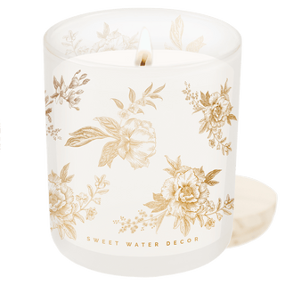 Gold Floral Soy Candle - White Translucent Tinted Glass Jar - 12 oz (Fresh Apple Blossom) - Olita Gifts & Goods