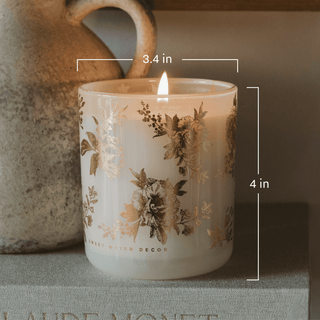 Gold Floral Soy Candle - White Translucent Tinted Glass Jar - 12 oz (Fresh Apple Blossom) - Olita Gifts & Goods