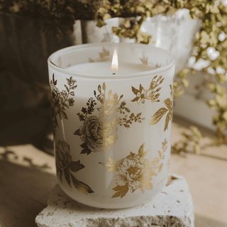 Gold Floral Soy Candle - White Translucent Tinted Glass Jar - 12 oz (Fresh Apple Blossom) - Olita Gifts & Goods