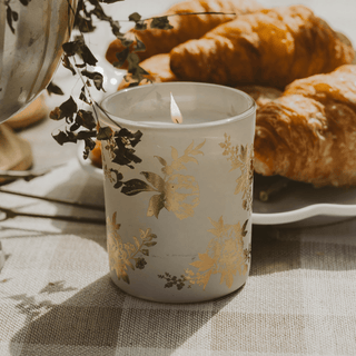 Gold Floral Soy Candle - White Translucent Tinted Glass Jar - 12 oz (Fresh Apple Blossom) - Olita Gifts & Goods