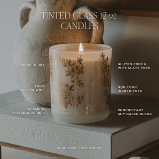 Gold Floral Soy Candle - White Translucent Tinted Glass Jar - 12 oz (Fresh Apple Blossom) - Olita Gifts & Goods