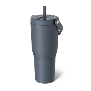 A gray BRUMATE Resa Tumbler with a locking lid and a straw, designed for keeping beverages cold.
