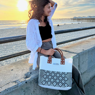 Tin Marin White Large Woven Crossbody Bag - Tan Leather - Olita Gifts & Goods