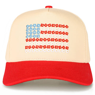 C.C Daisy Flower Pattern USA Flag Trucker Cap: Light Denim - Olita Gifts & Goods