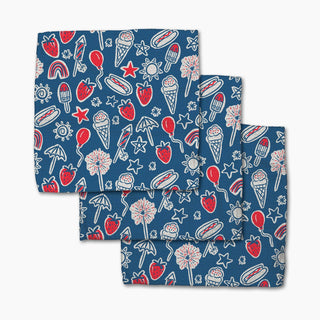 Set of three Geometry dishclothes with a colorful pattern on a blue background