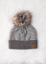 Load image into Gallery viewer, Taupe &amp; White Striped Pom Hat
