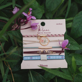 "Bloom" Maroon & Pink with Pressed Flowers Hair Tie Bracelets: Small - Olita Gifts & Goods