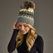 Load image into Gallery viewer, Cream, Green, Black &amp; Gray Patterned Pom Hat

