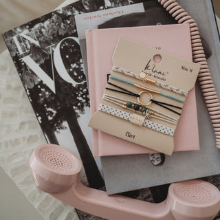 "Flirt" Polka Dot in Cream & Black with Green Accent Hair Tie Bracelets: Medium - Olita Gifts & Goods