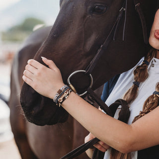 "Gallop" Horse & Bit Equestrian Accents in Rich Brown & Blue Hair Tie Bracelets: Small - Olita Gifts & Goods