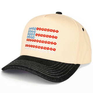 C.C Daisy Flower Pattern USA Flag Trucker Cap: Light Denim - Olita Gifts & Goods