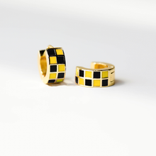 Load image into Gallery viewer, Black &amp; Yellow Checkered Enamel Huggies

