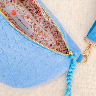 Embossed Daisy Blossom Belt Sling Bag: Taupe