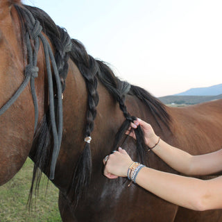 "Gallop" Horse & Bit Equestrian Accents in Rich Brown & Blue Hair Tie Bracelets: Small - Olita Gifts & Goods
