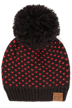Load image into Gallery viewer, C.C Heart Pattern Knit Pom Beanie: Ivory/Red
