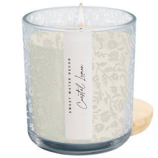 Coastal Lemon 12 oz Soy Candle, Blue Tinted Floral Jar