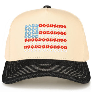 C.C Daisy Flower Pattern USA Flag Trucker Cap: Light Denim - Olita Gifts & Goods
