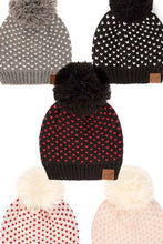 Load image into Gallery viewer, C.C Heart Pattern Knit Pom Beanie: Ivory/Red
