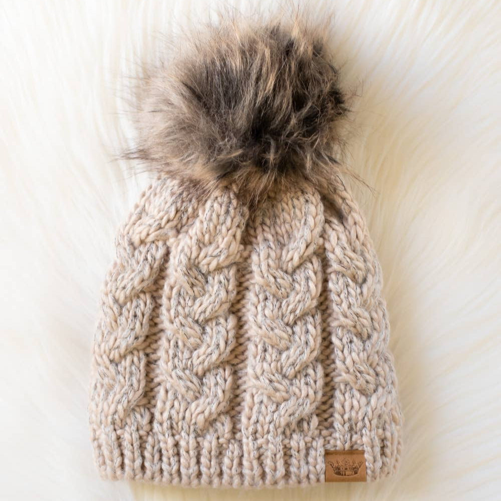 Taupe Cable Knit Pom Hat