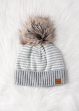 Load image into Gallery viewer, Light Gray &amp; White Striped Pom Hat

