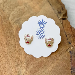 Reindeer with Santa Hat Enamel Stud Earrings