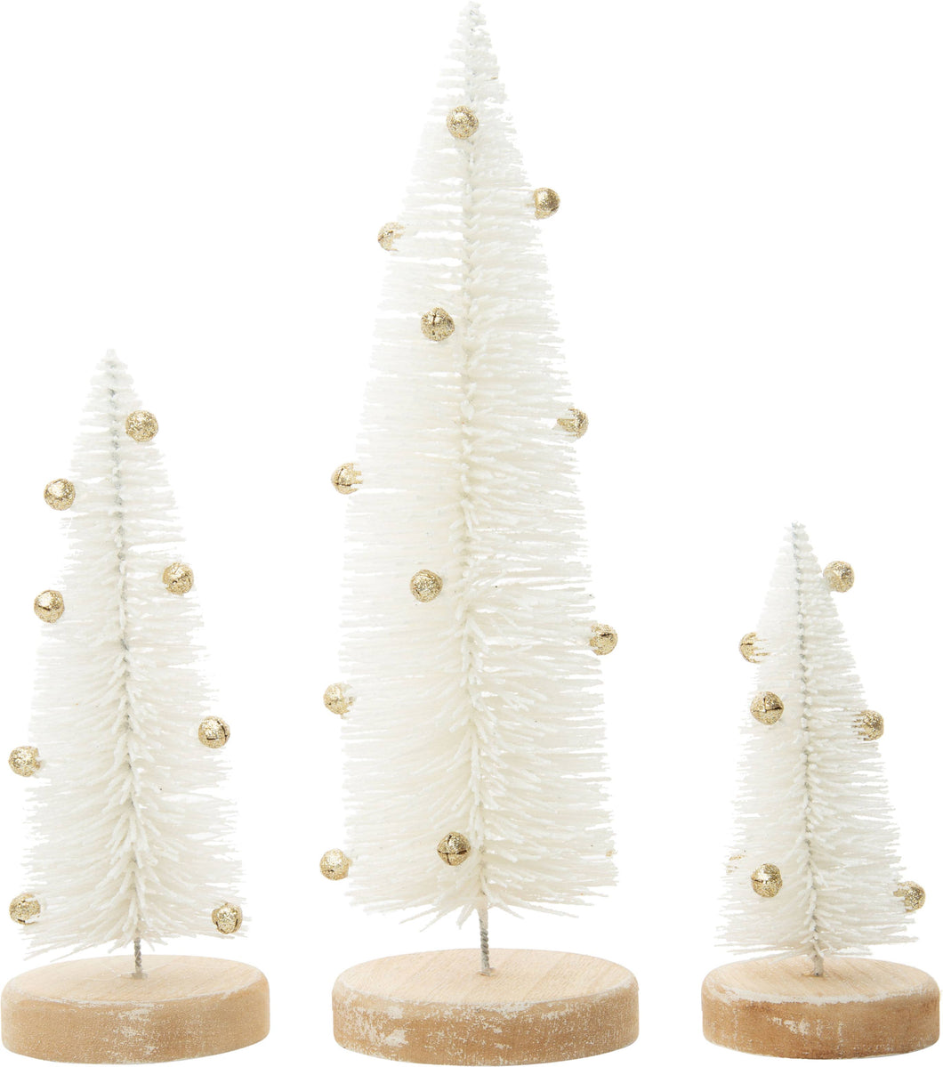 White Bottle Brush Trees with Gold Bells: 3 Sizes